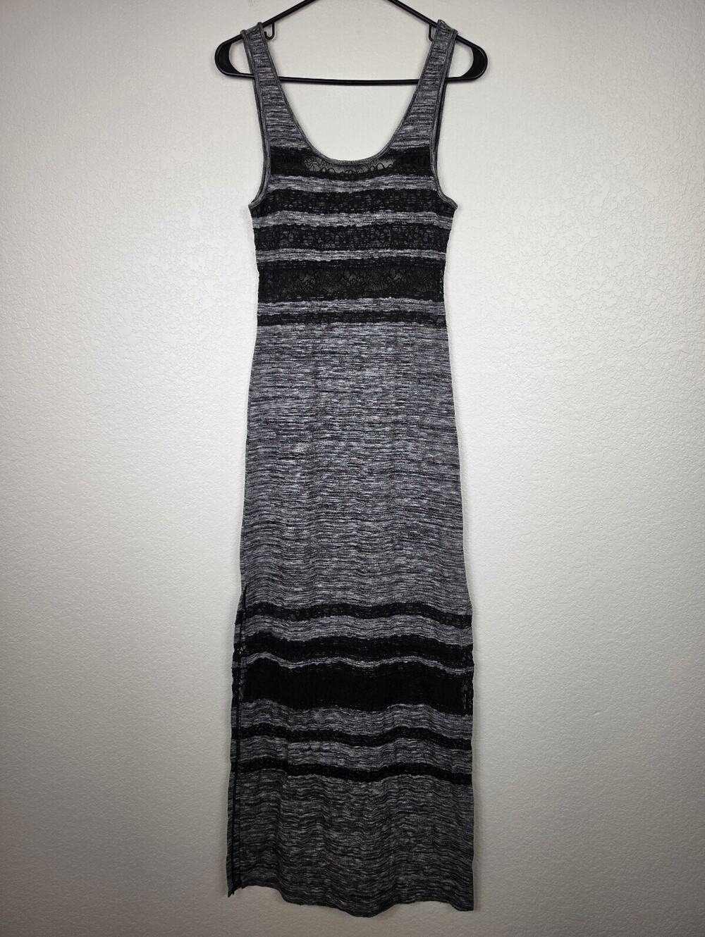 Free People XS Heather Grey Black Lace Side Slit Maxi Dress